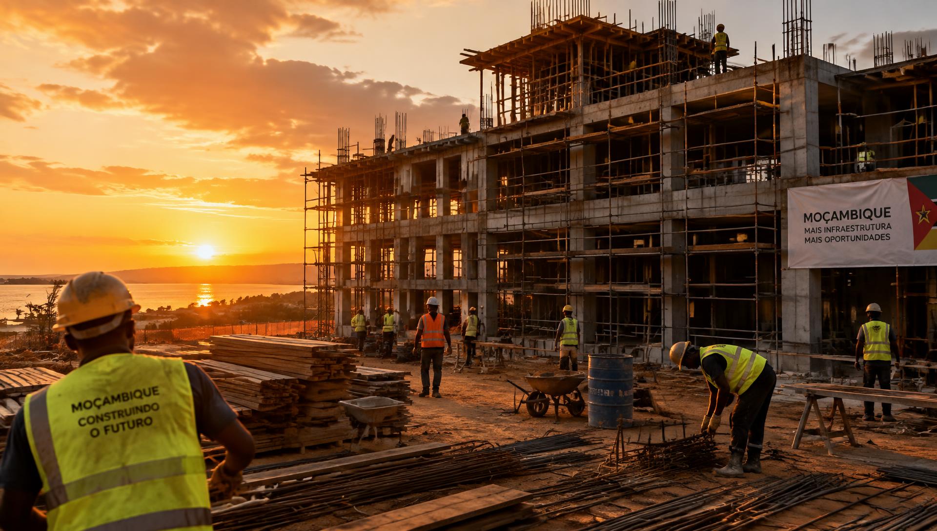 Construction site with scaffolding at sunset